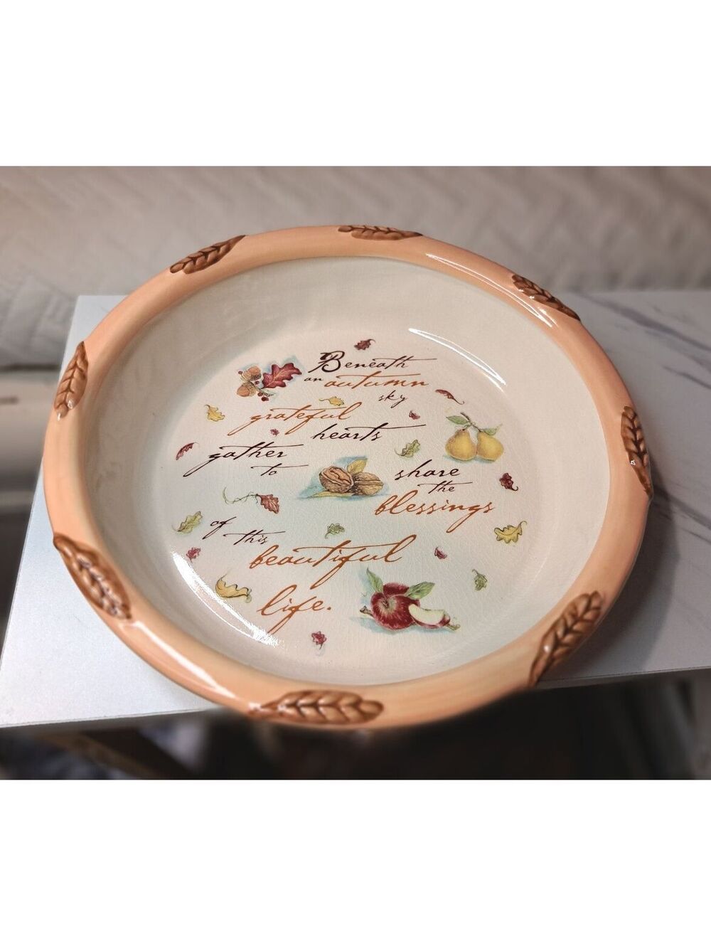 VTG Russ Berrie &Co Autumn Settings Hand-Painted Ceramic Deep-Dish Pie Plate 10"